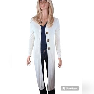 Long, white, button front cardigan